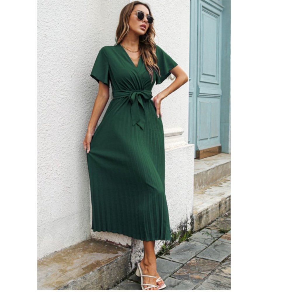 Flutter Sleeve Belted Surplice Midi Dress - Picture 2 of 9